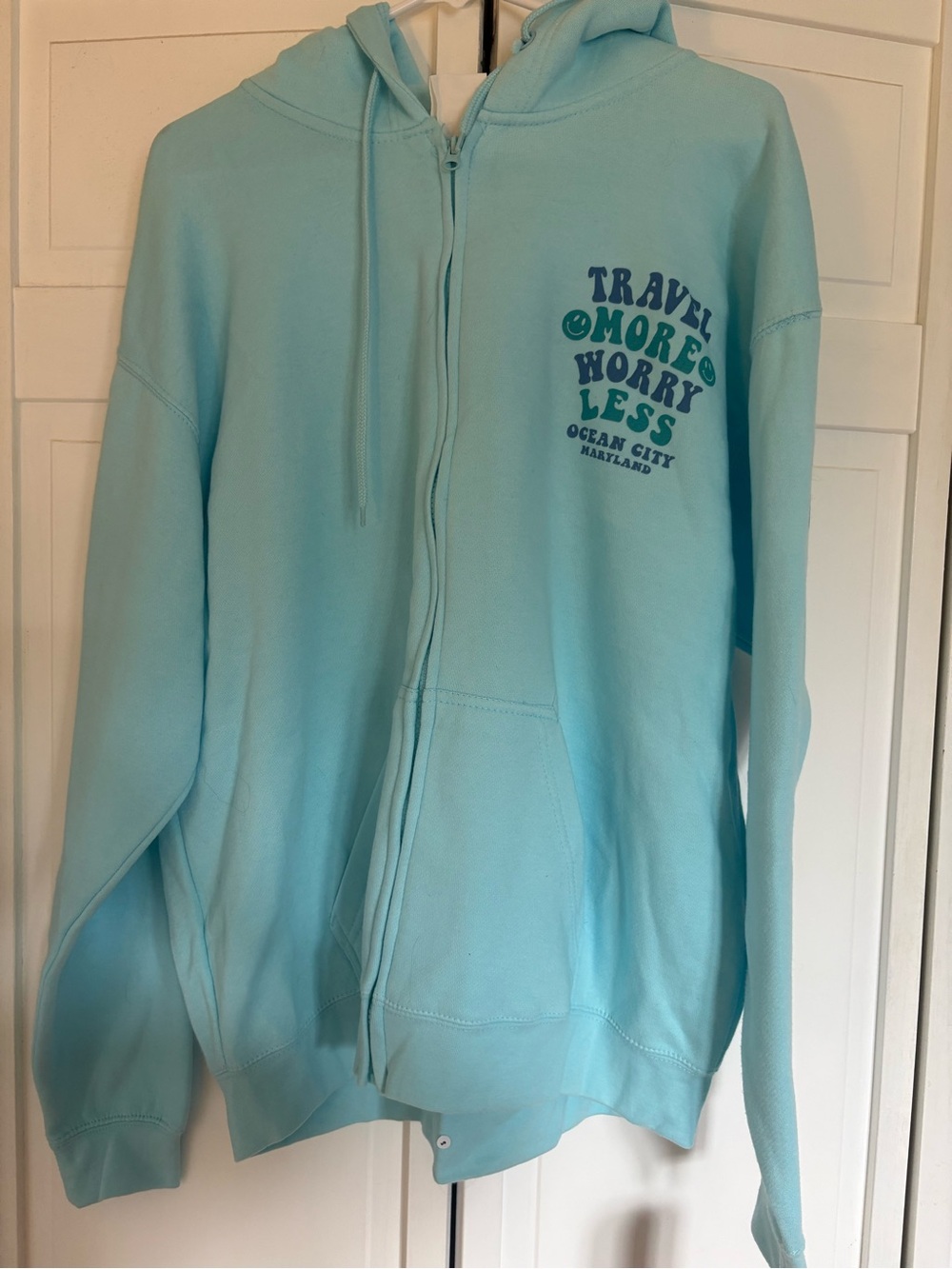Ocean City MD Light Blue Zip-Up Hoodie with 'Travel More Worry Less' Graphic